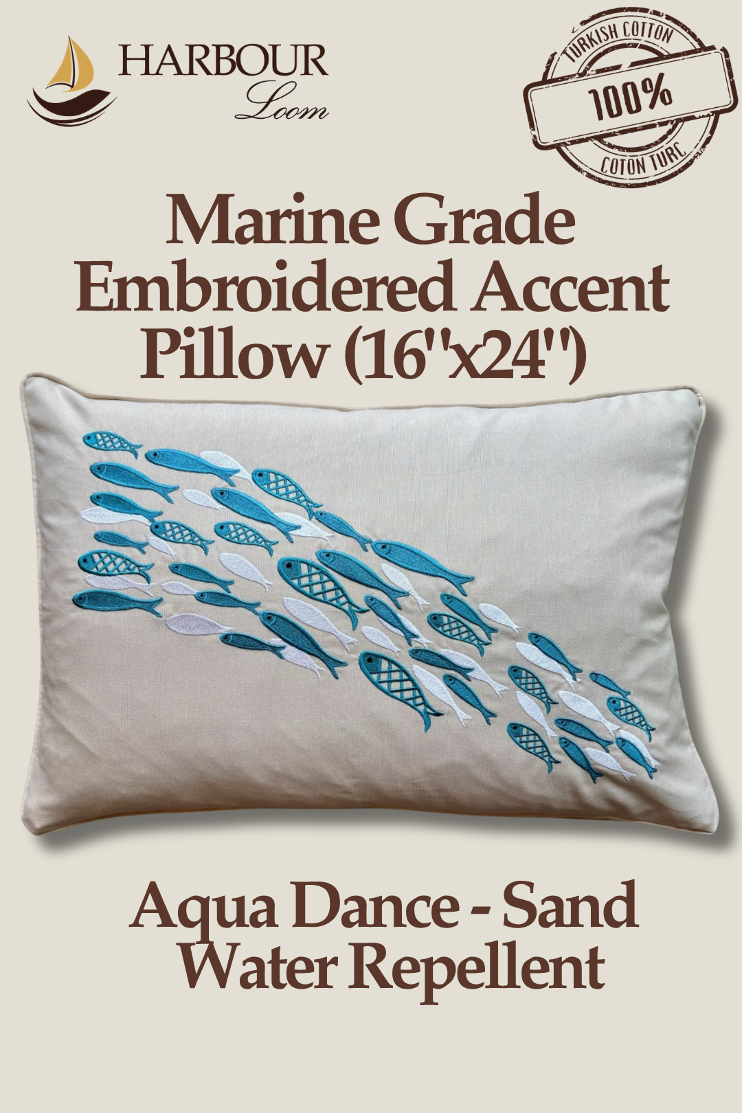 Harbour Loom 16x24 Aqua Dance Sand water repellent rectangular pillow with intricate blue and turquoise marine embroidery.