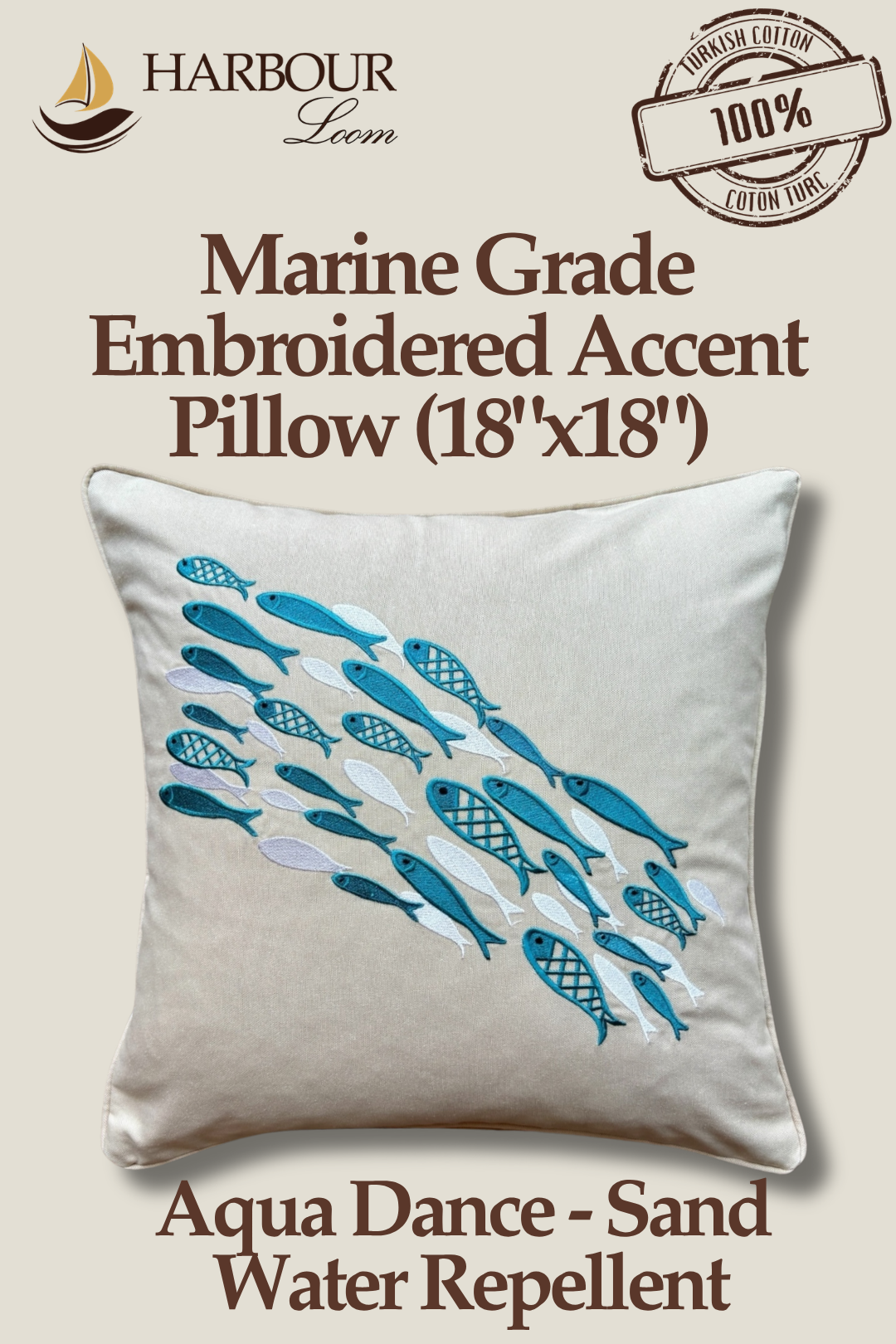 Marine grade embroidered accent pillow with fish design on beige background, featuring Harbour Loom branding.