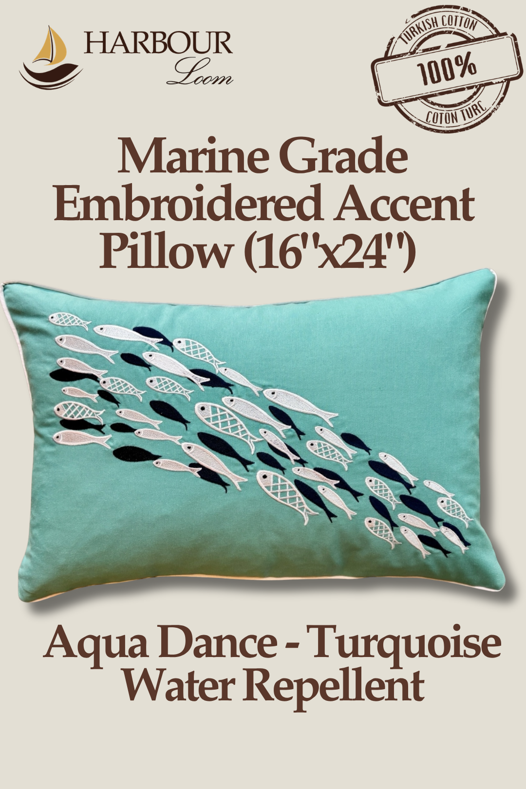 Harbour Loom 16x24 Aqua Dance Turquoise embroidered lumbar accent pillow, 100% Turkish cotton water repellent cover perfect for outdoor living