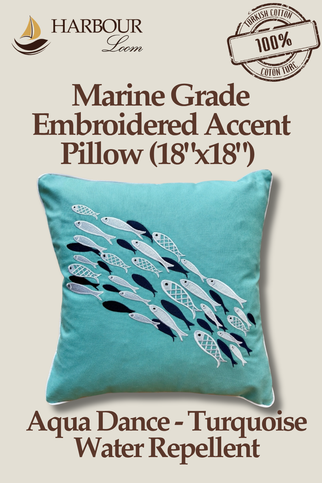 Turquoise pillow with embroidered design on a beige background, featuring Harbour Loom branding.