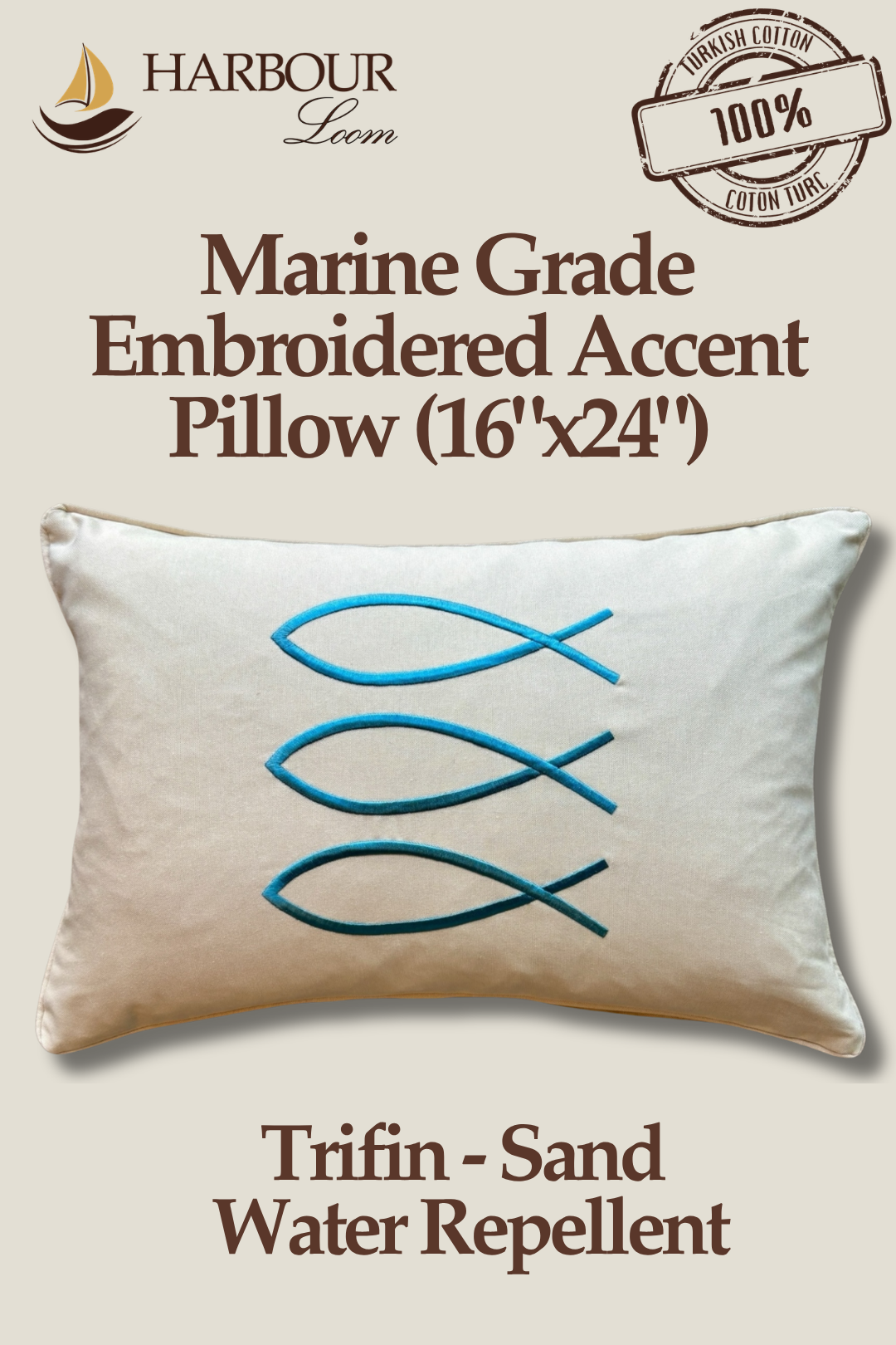 Harbour loom 16x24 water repellent outdoor accent pillow in Trifin Sand with elegant embroidered coastal fish details.