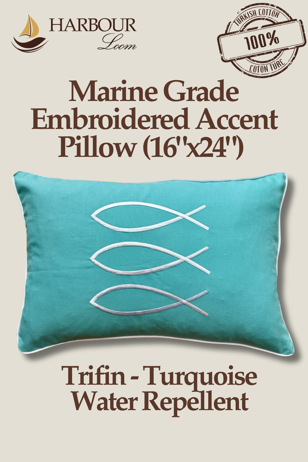 Harbour loom 16x24 Trifin Turquoise rectangular outdoor throw pillow, water repellent fabric crafted from 100% Turkish cotton