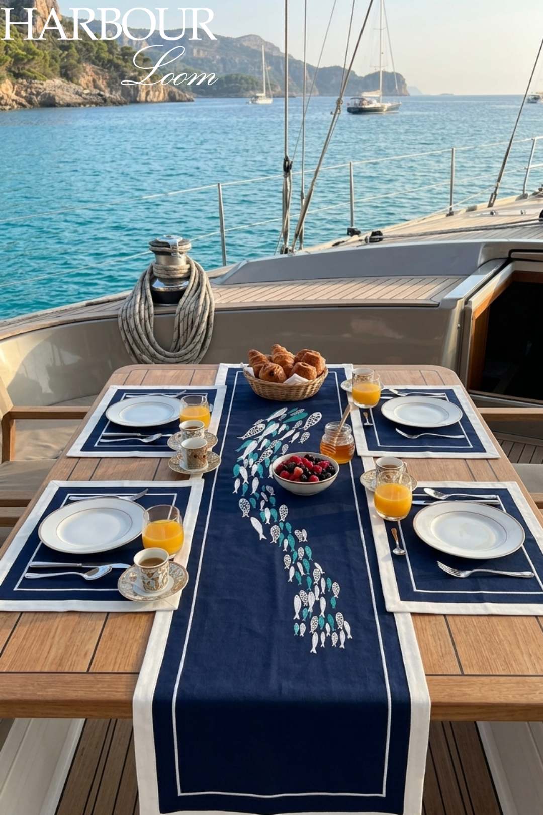 Dining setup on a boat with a scenic ocean view