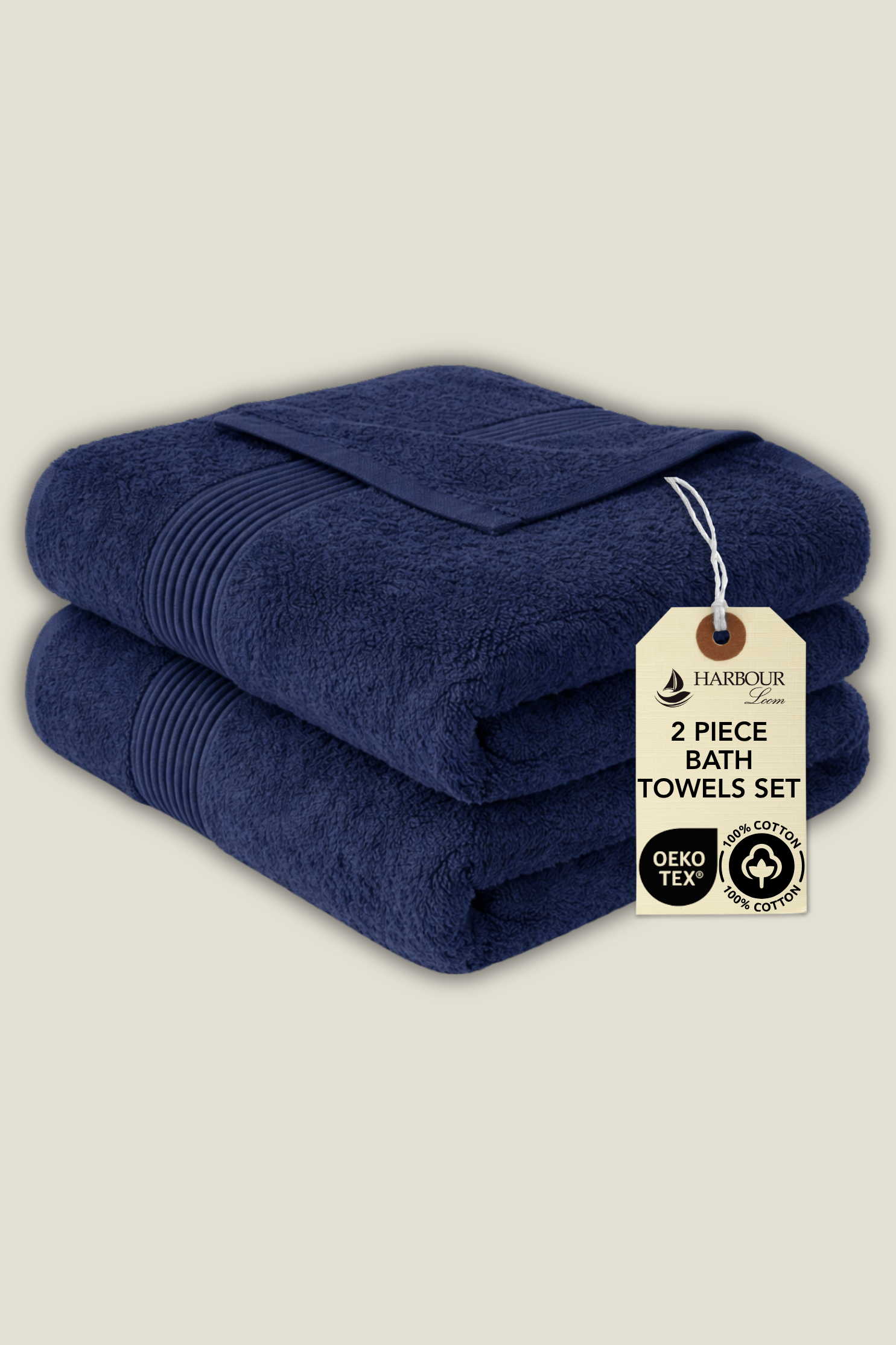 Navy blue 100% Turkish cotton bath towel bundle, OEKO-TEX certified 2-piece set with soft ribbed texture.