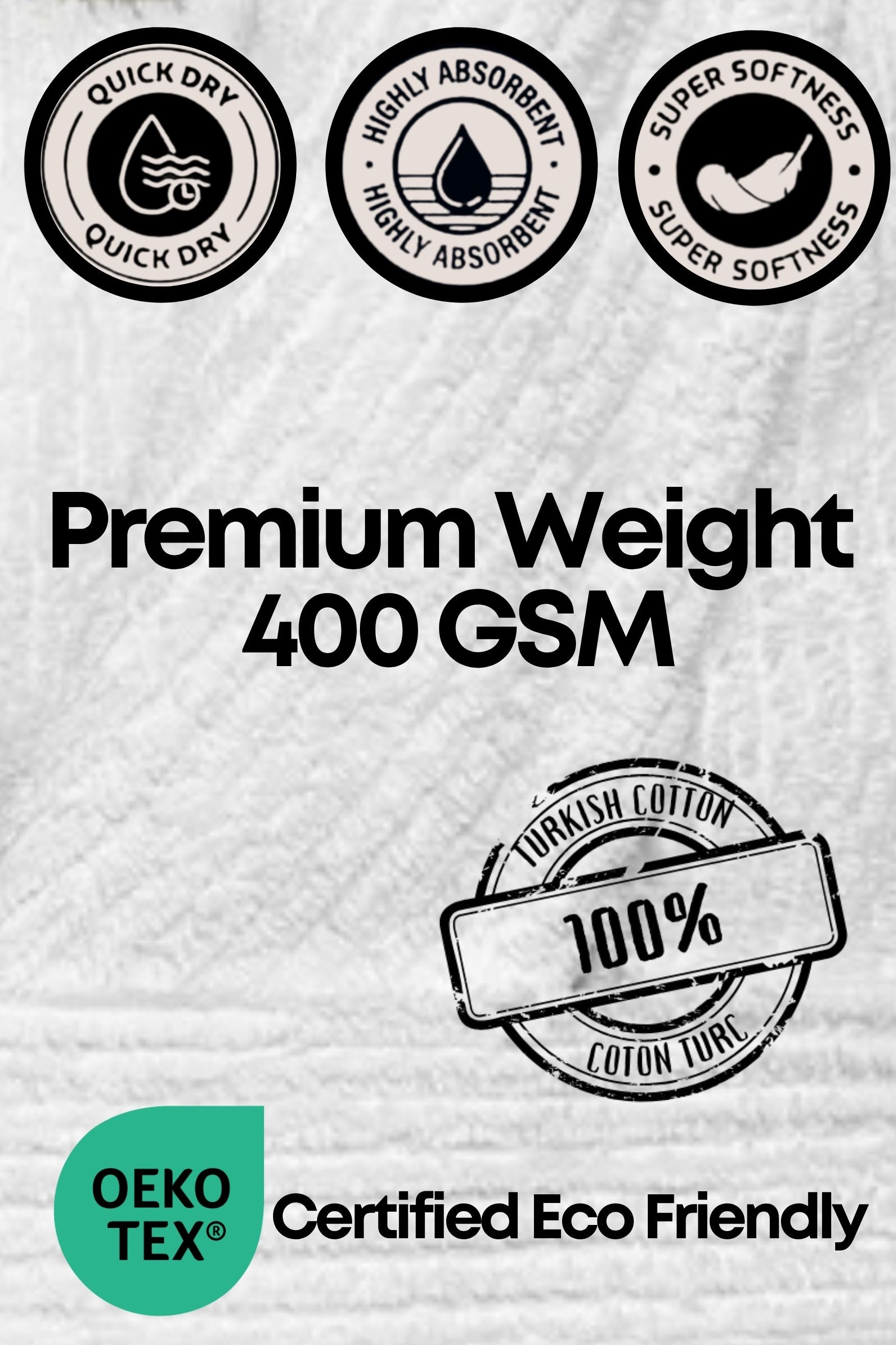 Technical specs for white bathrobe featuring 400 GSM weight and Oeko-Tex Certified Eco-Friendly label on 100 percent Turkish cotton.