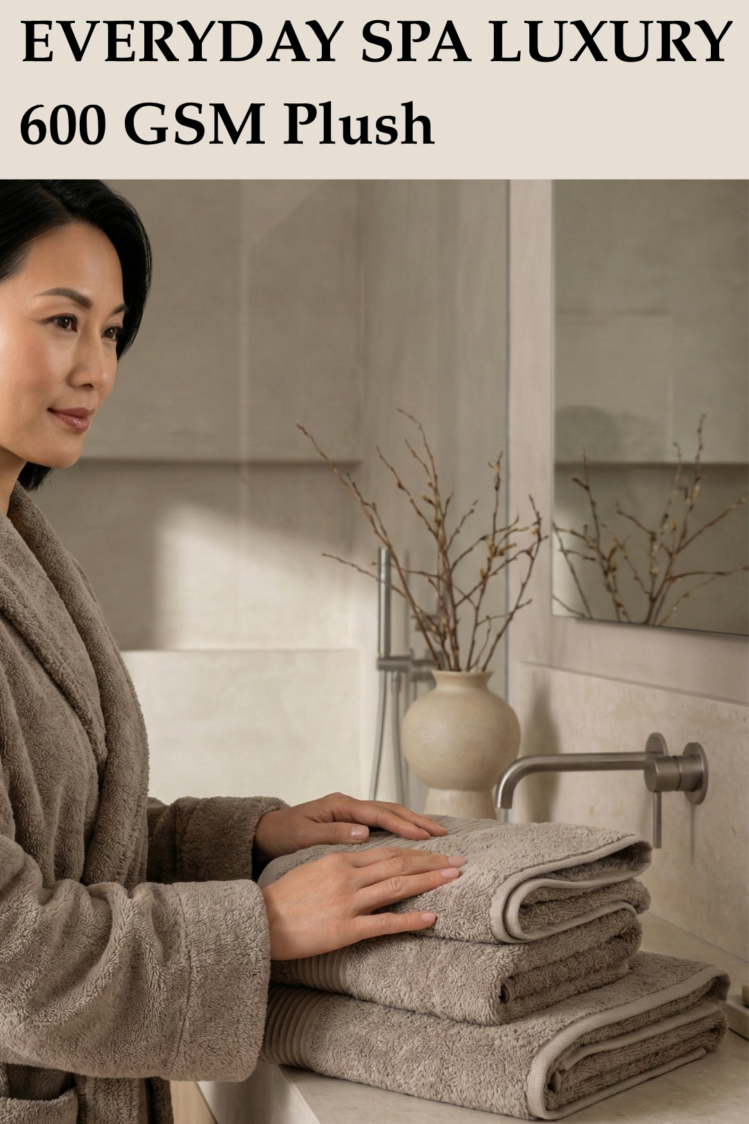 Woman in a matching robe organizing a set of plush 600 GSM taupe brown towels on a bathroom vanity.