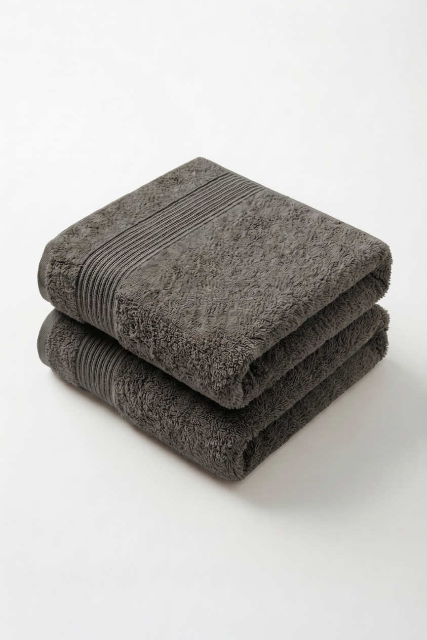 Stack of two Silver grey Turkish cotton bath towels, 600 GSM, with ribbed dobby border