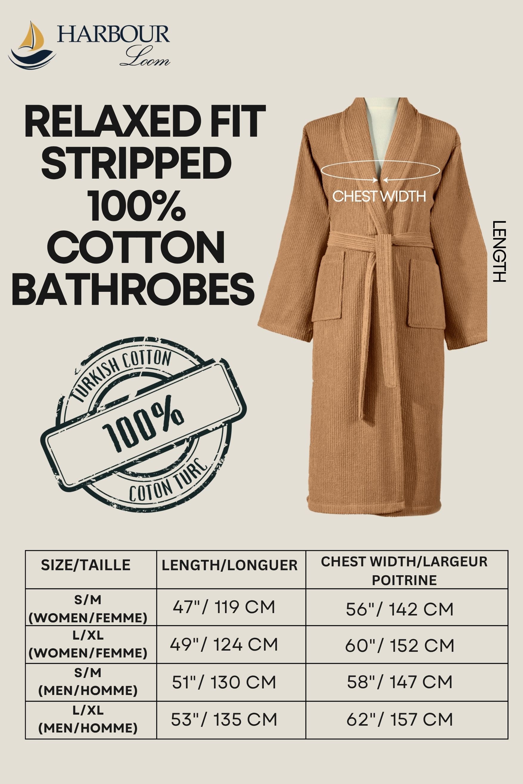 Relaxed fit size chart for terracotta brown bathrobe with 100 percent Turkish cotton seal and measurement dimensions.