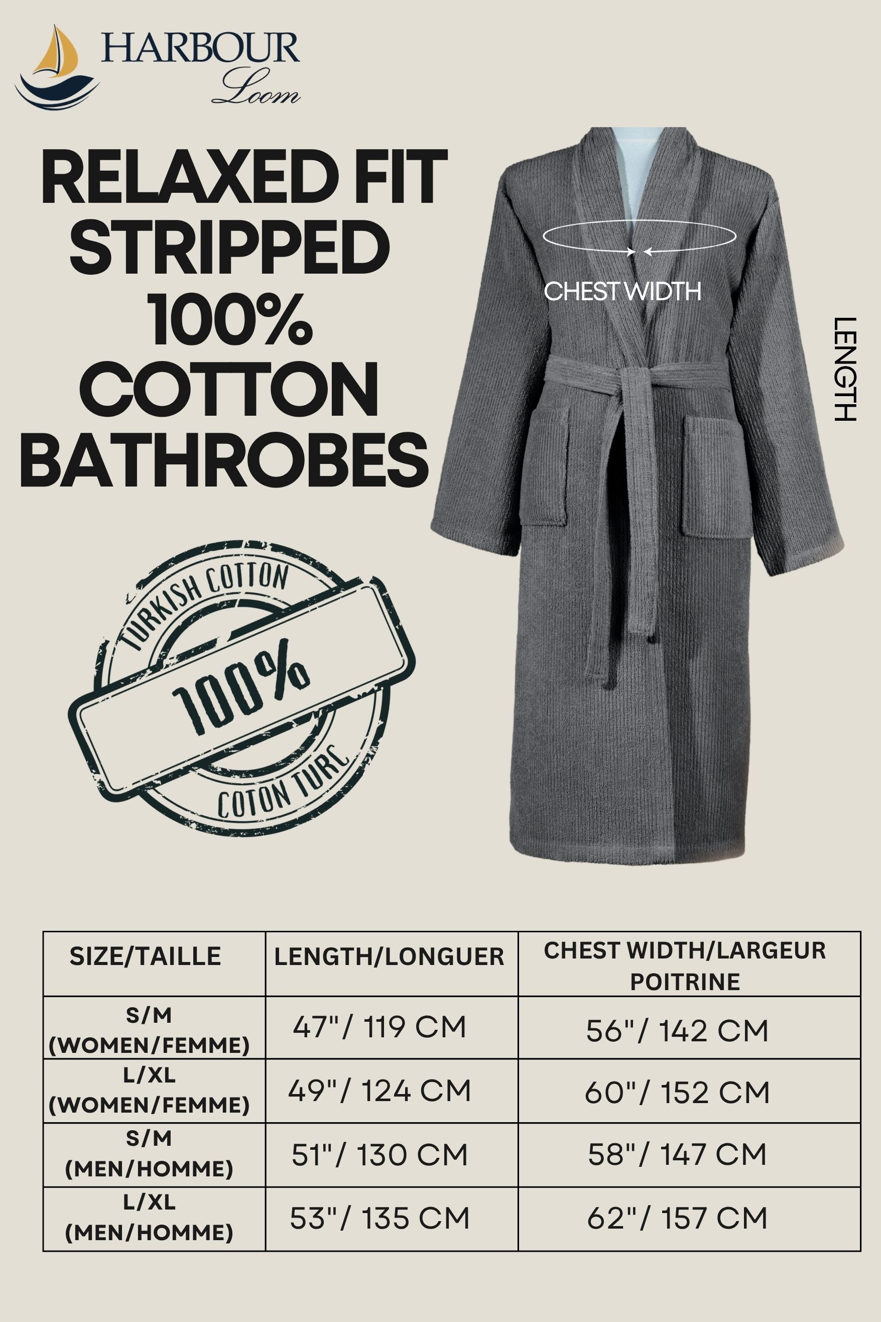 Detailed size guide for charcoal grey stripped bathrobe including a measurement table for sizes S/M and L/XL.