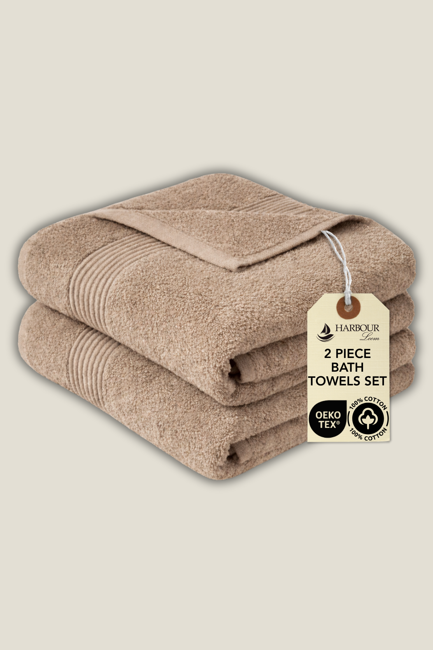 Harbourloom taupe 2-piece bath towel set, eco-friendly OEKO-TEX certified 100% Turkish cotton.