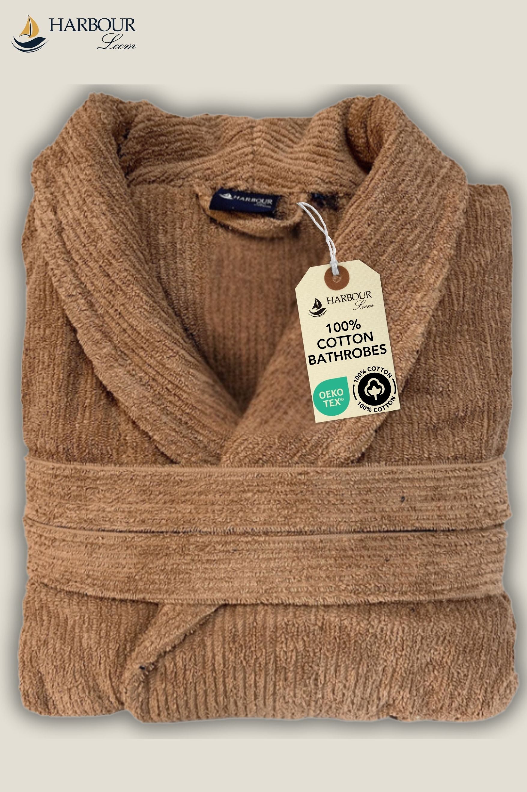 Earthy terracotta brown ribbed cotton bathrobe made from 100 percent Turkish cotton with Harbour Loom tag.