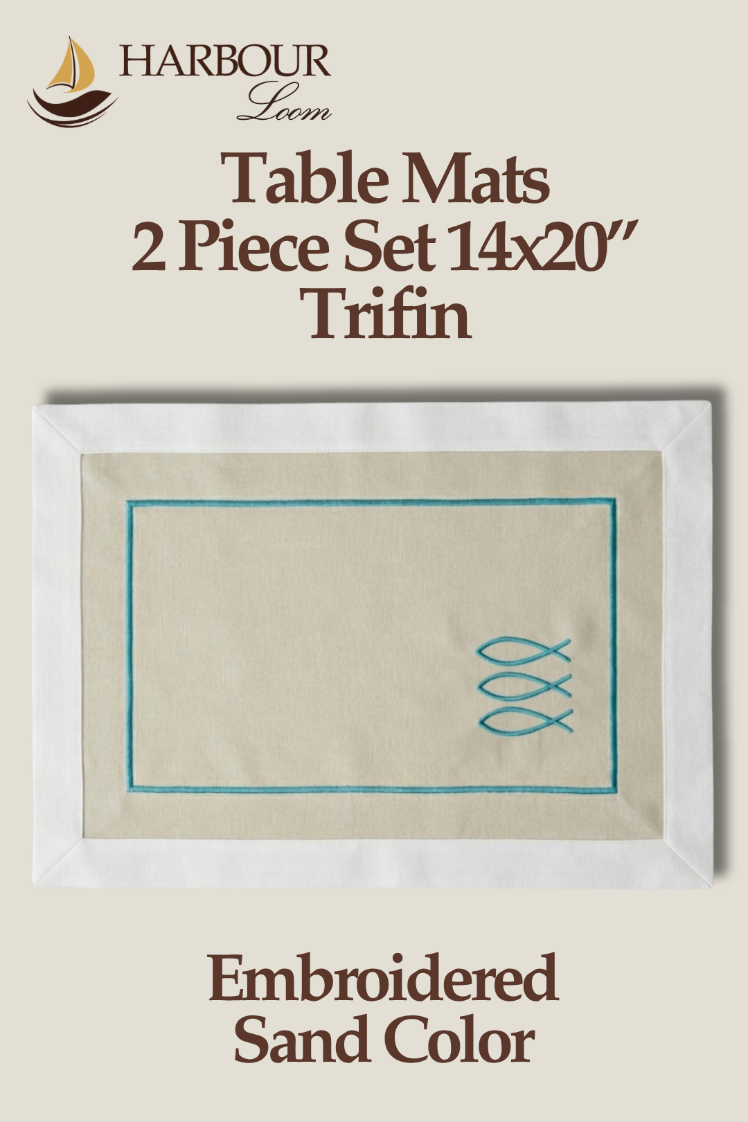 Advertisement for Harbour Loom table mats with embroidered design on a beige background