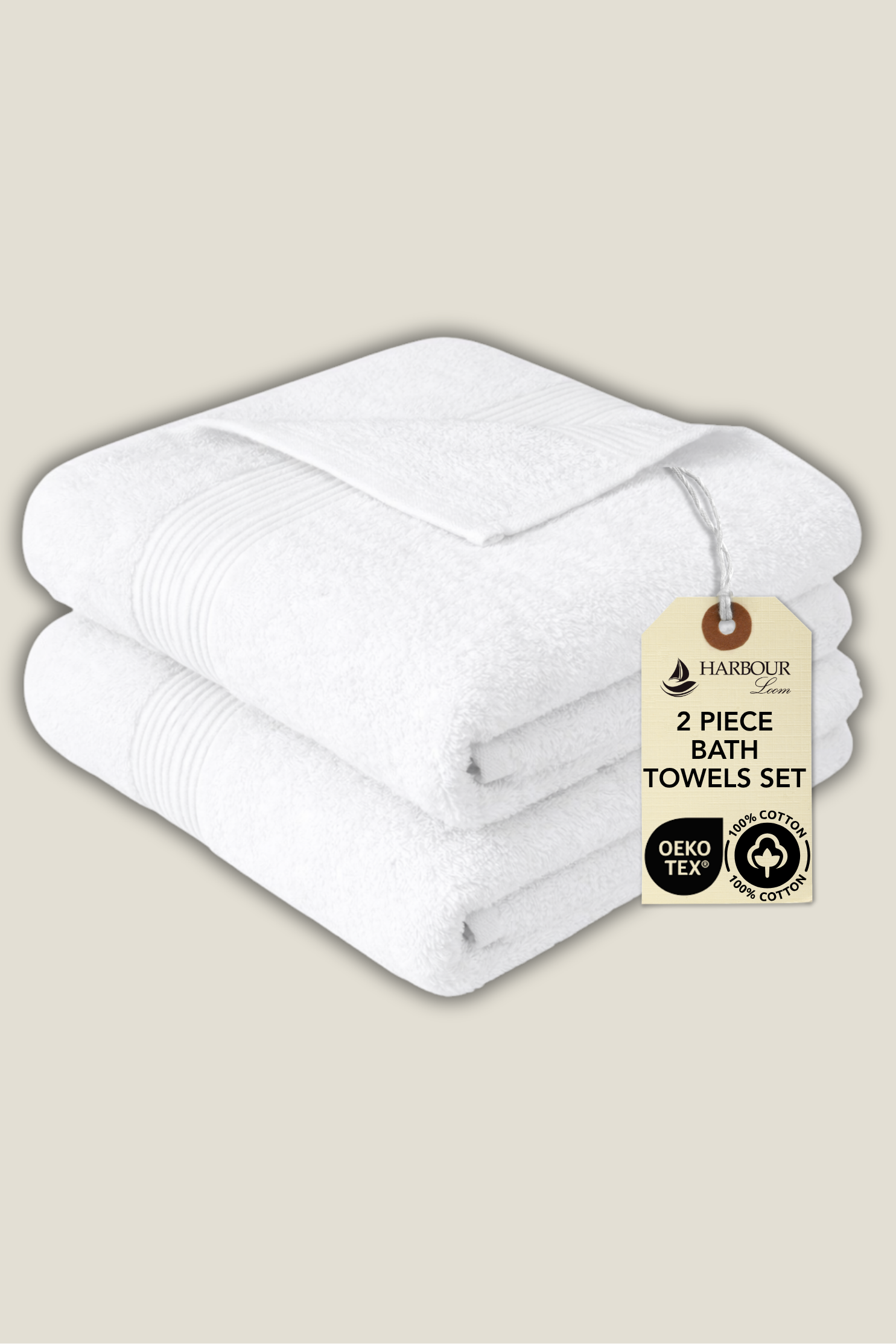 Harbourloom 2-piece white bath towel set, 100% Turkish cotton and OEKO-TEX certified for luxury bathrooms.