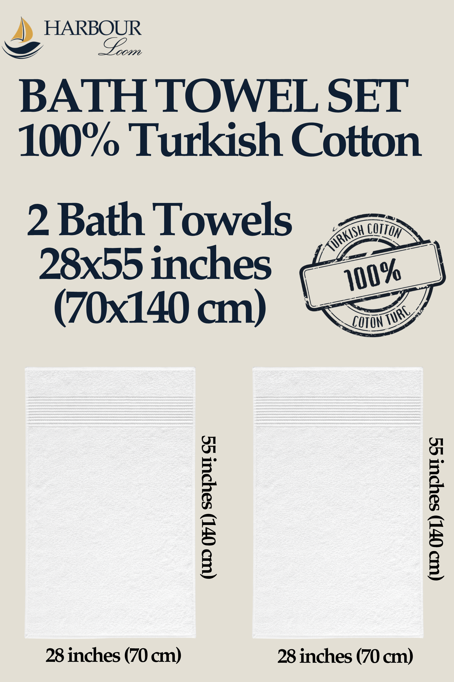 2-pack white 100% Turkish cotton bath towels, absorbent bathroom towel set 28x55 inches.