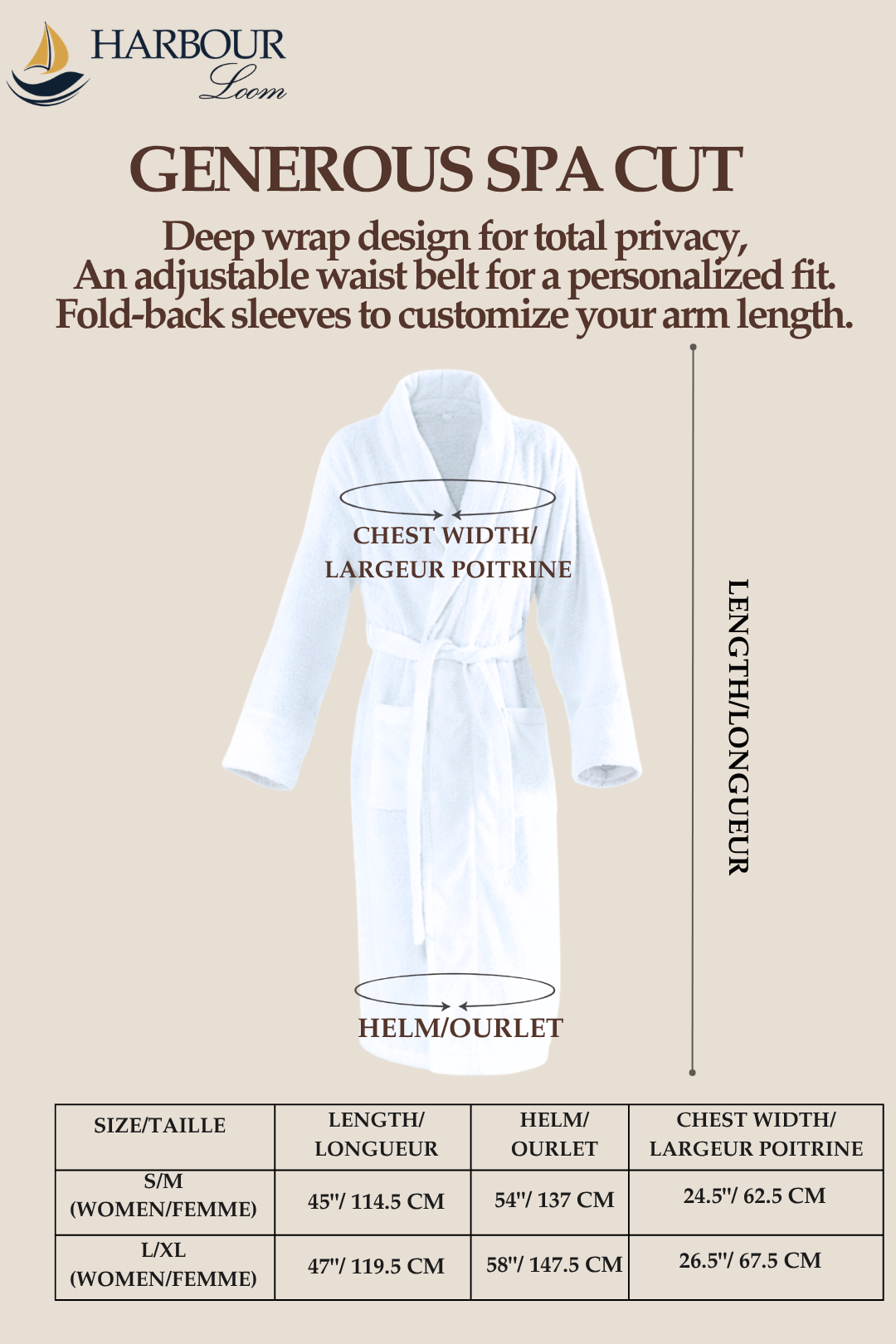 White robe with measurement chart on a beige background